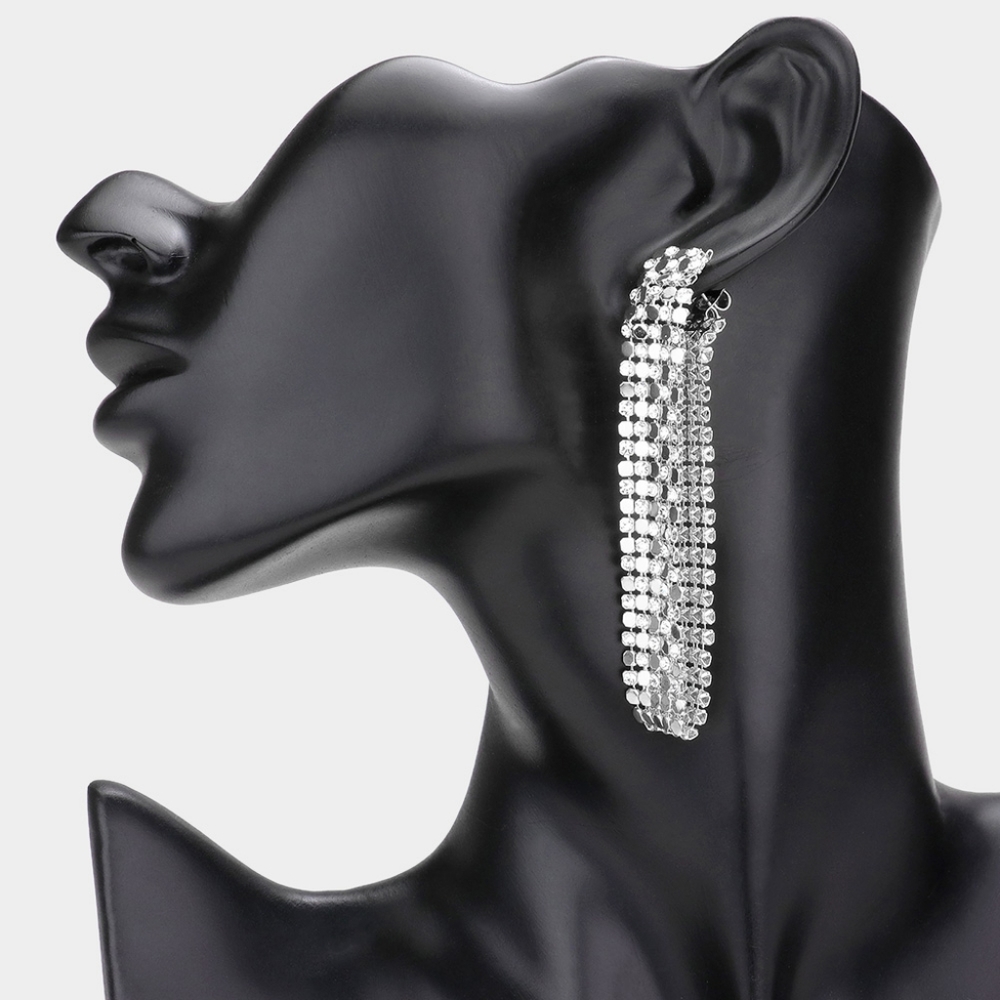 Silver Mesh Chain Dangle Earrings Bubble Stone Drop Metal Statement Accessory